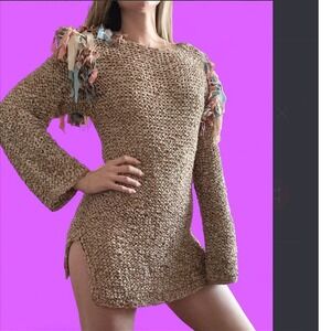 Vintage Colorful Sweater Mini Dress with Shoulder Fringe